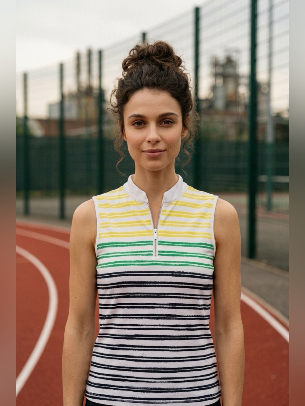 Tail sleeveless top white w/blue, green, yellow stripes